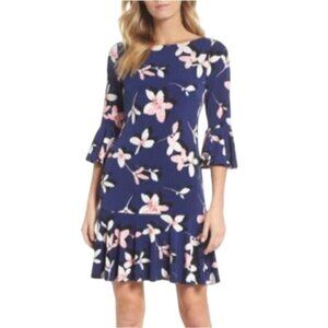 Eliza J Navy Blue Floral Bell Sleeve Shift Dress Size 16 – Lined, 3/4 Sleeve